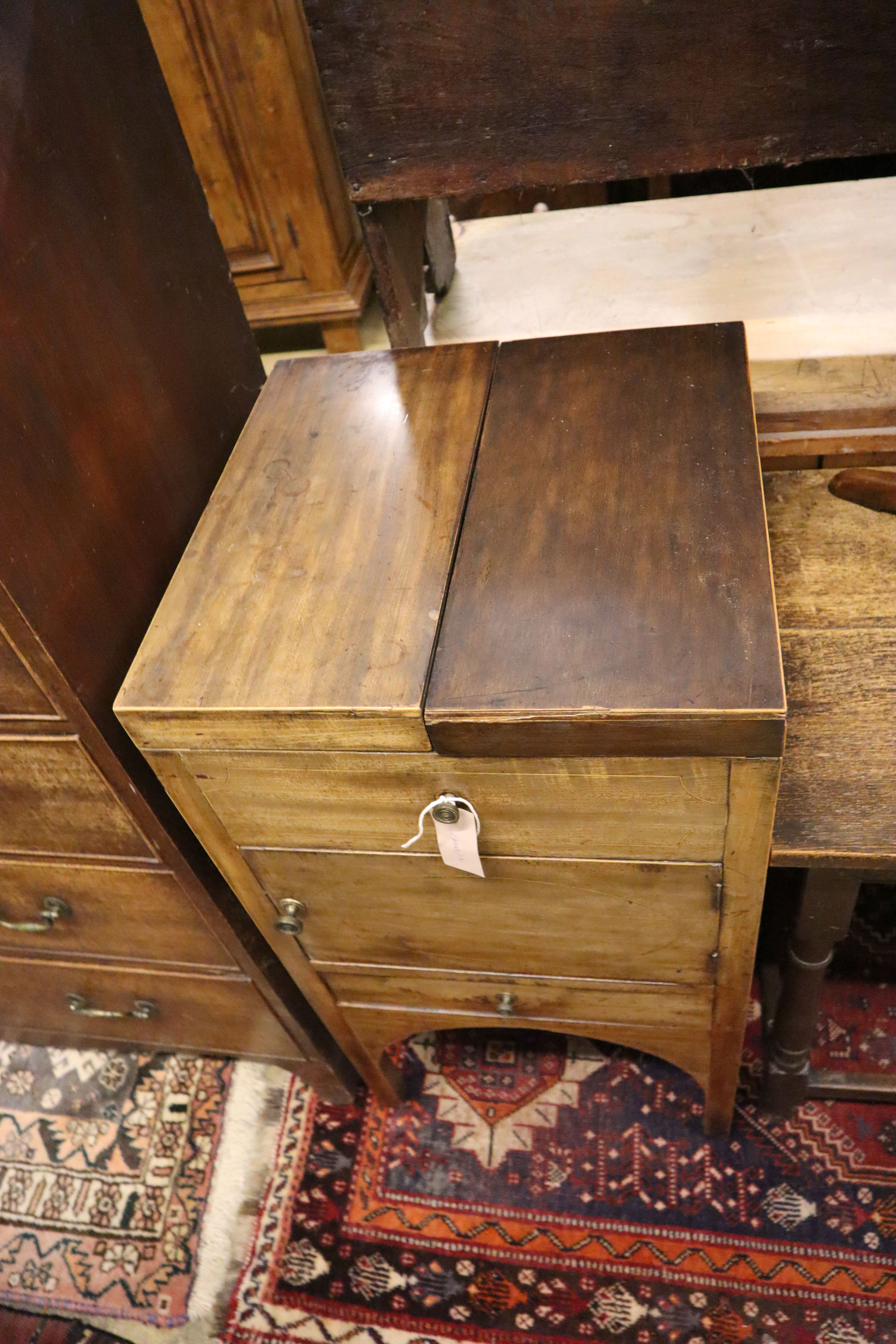 A George III inlaid mahogany enclosed washstand, width 46cm, depth 46cm, height 88cm